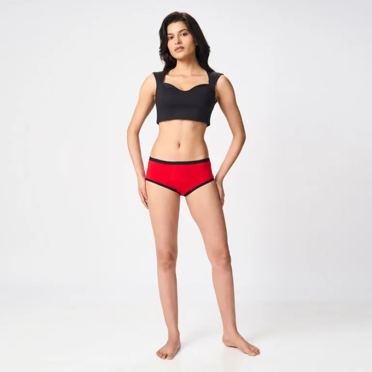 HealthFab GoPadFree heavy period panty in red, modeled front view