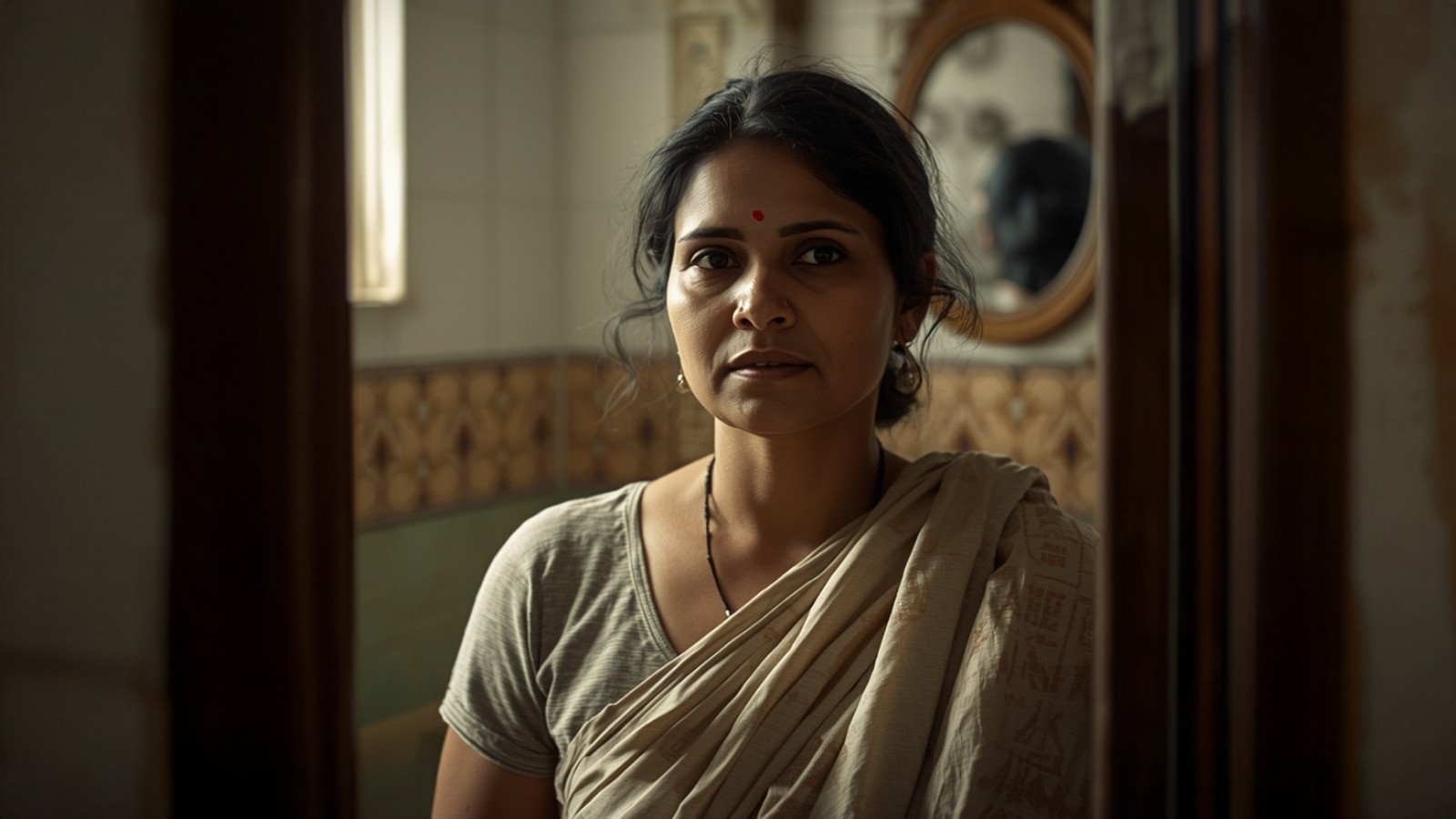 Sri Lankan woman in a Colombo home bathroom preparing for her day with calm period care
