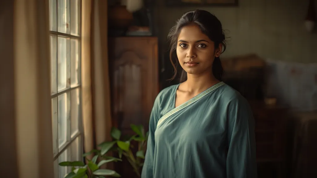 Sri Lankan woman in teal kurta by window in a Colombo home