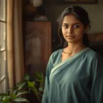 Sri Lankan woman in teal kurta by window in a Colombo home