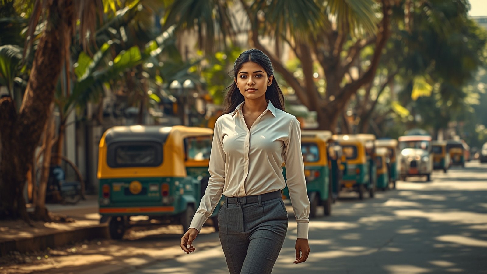 South Asian woman in office wear walking confidently through a Colombo street after school or work