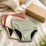 Soft flat-lay of reusable period panties with discreet packaging