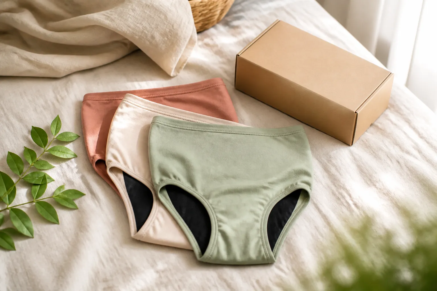 Soft flat-lay of reusable period panties with discreet packaging