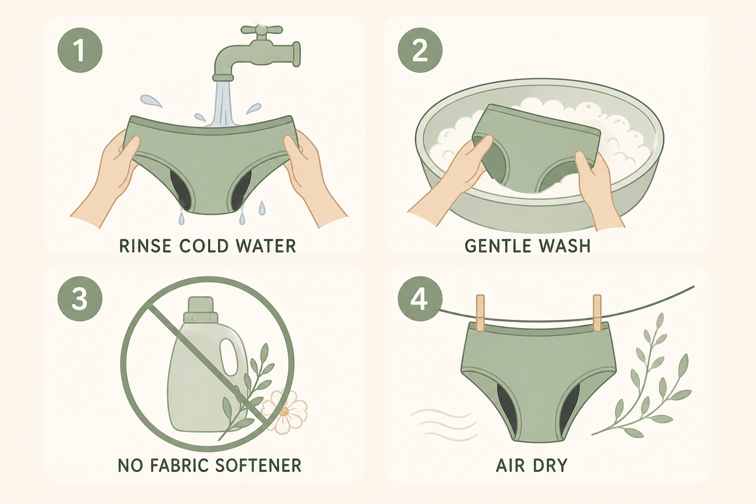 Four-step wash care guide for reusable period panties