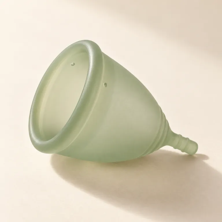 Large menstrual cup in soft sage silicone