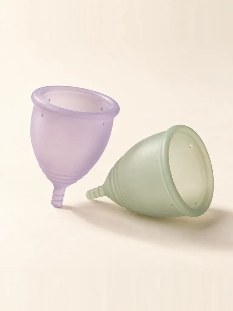 Two reusable menstrual cups in lilac and sage silicone