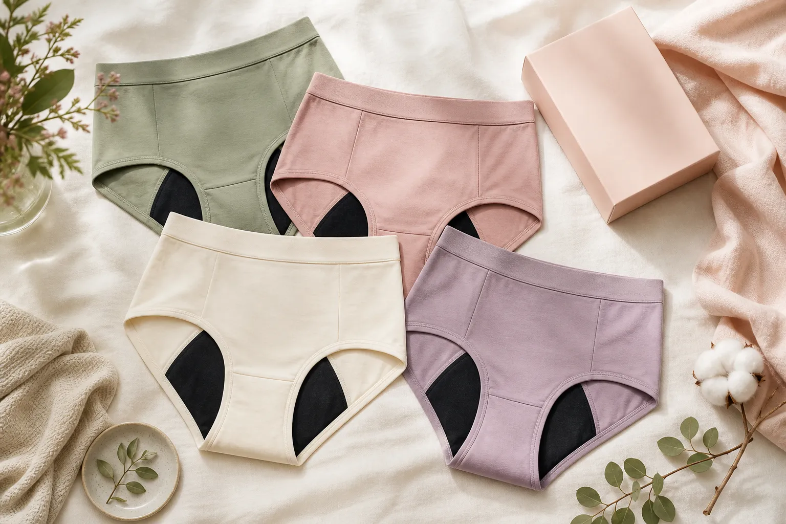 High-waist period panties flat-lay in soft pastels