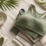Folded sports bras in sage and cream for Sri Lanka guide