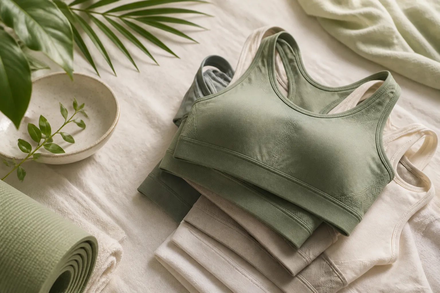 Folded sports bras in sage and cream for Sri Lanka guide