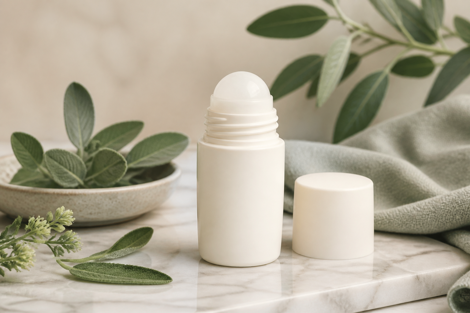 Botanical leaves beside Carmesi natural roll-on deodorant in cream and sage