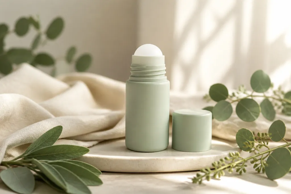 Natural roll-on deodorant bottle with botanical leaves