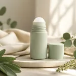 Natural roll-on deodorant bottle with botanical leaves