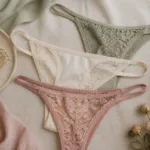 Delicate g-string styles in sage cream and rose on linen