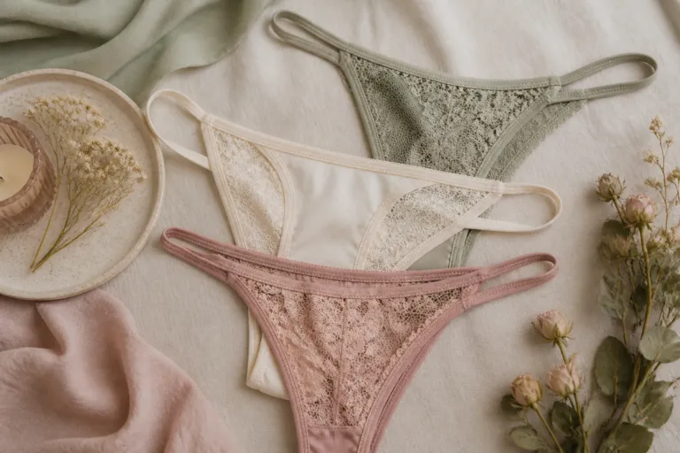 Delicate g-string styles in sage cream and rose on linen