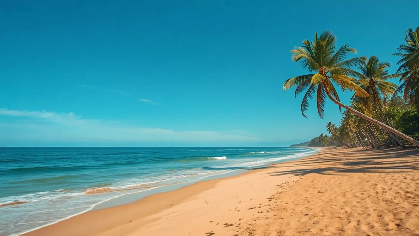 Deep blue ocean and palm-lined beach on the south coast of Sri Lanka