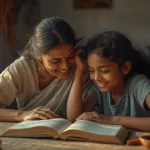 Sri Lankan mother and daughter reading and talking together at home