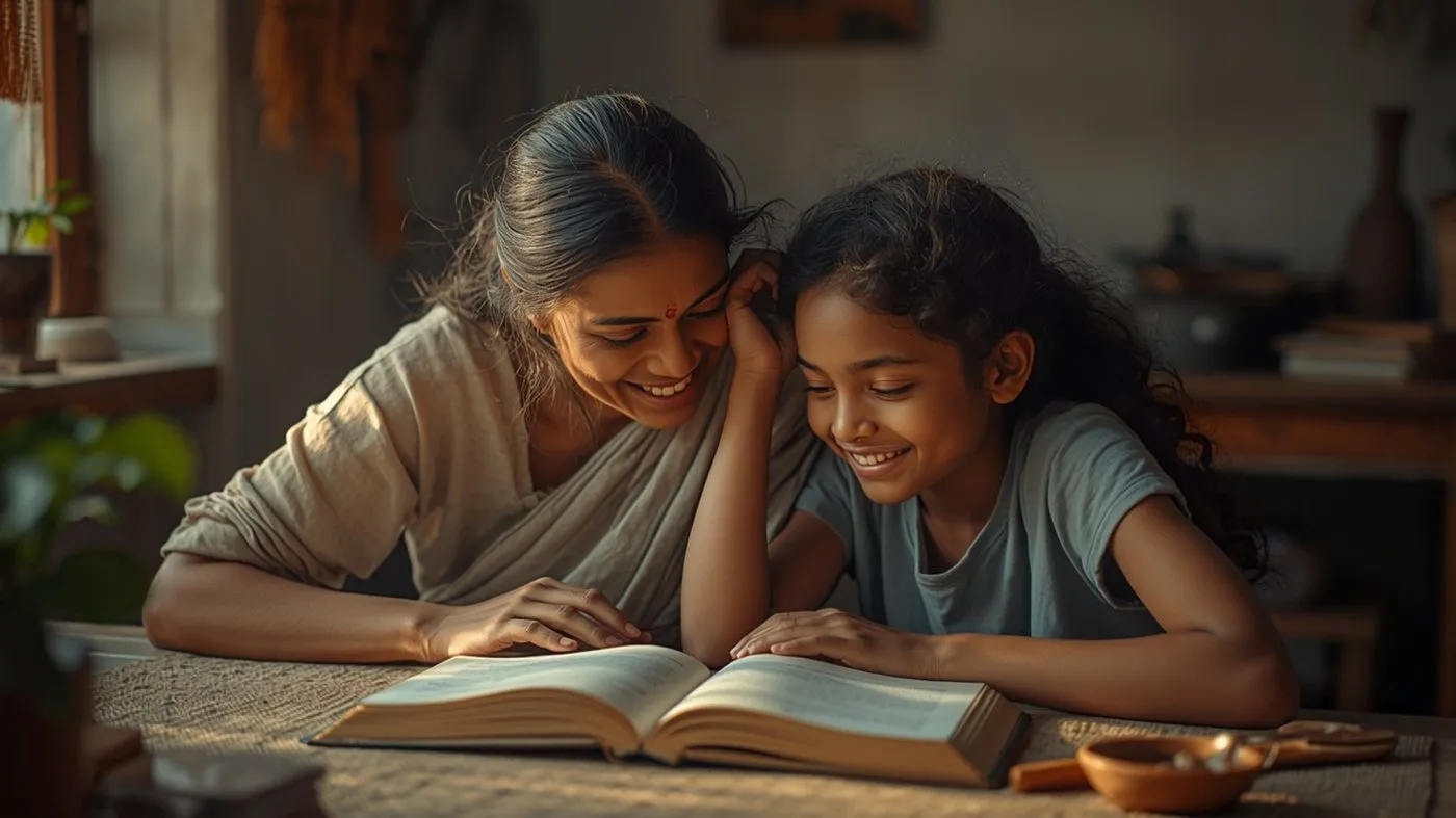 Sri Lankan mother and daughter reading and talking together at home