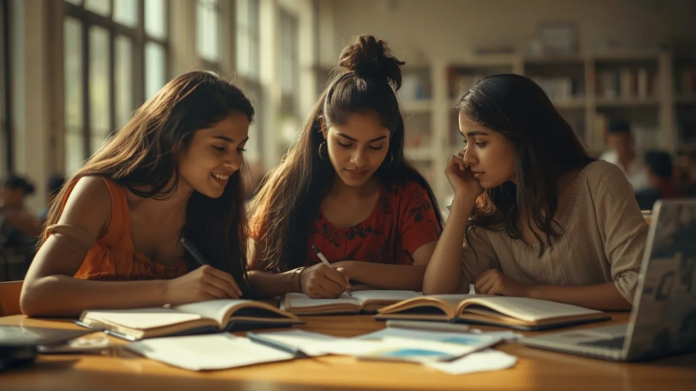 Sri Lankan female students studying together in a campus library, ready for school days on their period