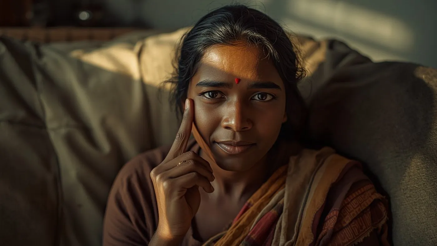 Sri Lankan woman gently pressing an acupressure point to ease period discomfort
