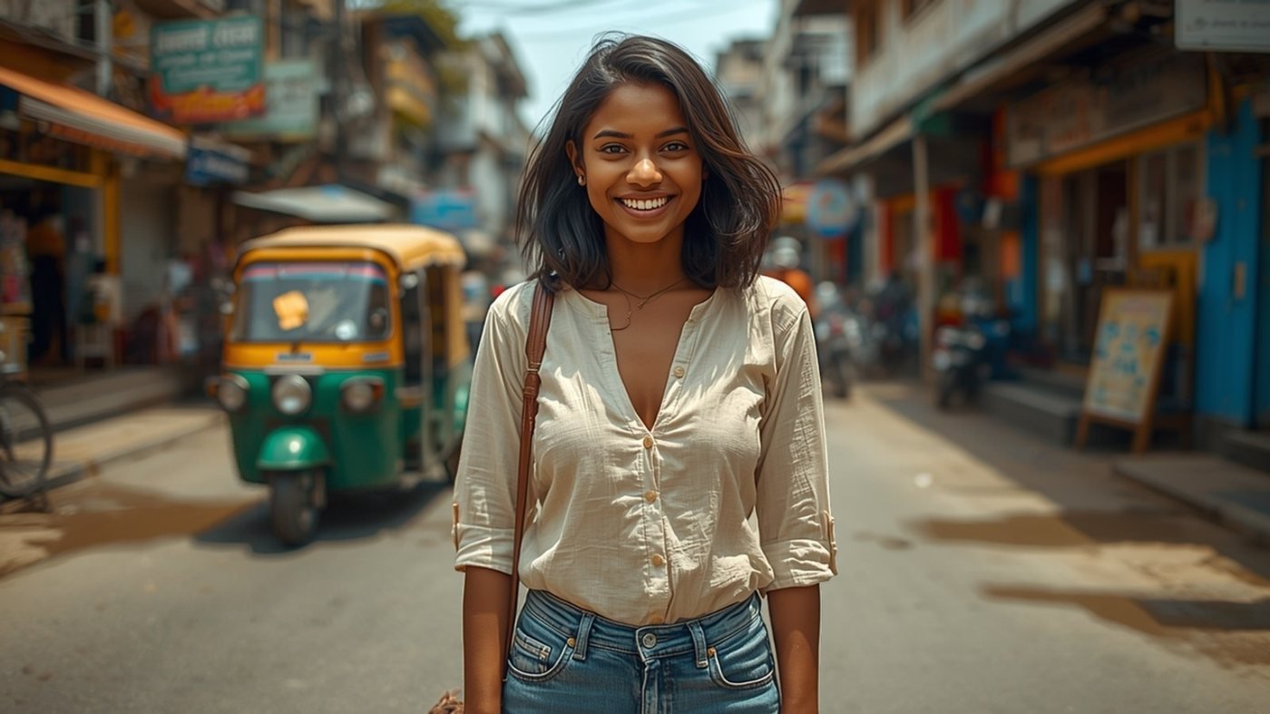 Smiling Sri Lankan woman on a Colombo street with a tuk-tuk behind her