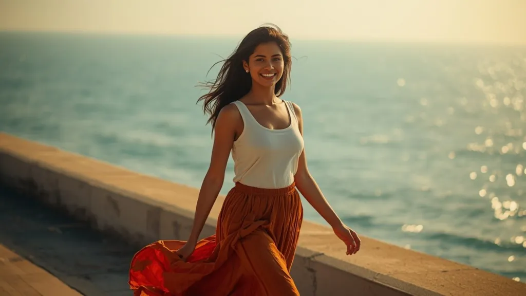 Happy Sri Lankan woman walking along Galle Face Green in Colombo at sunset