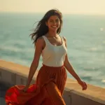 Happy Sri Lankan woman walking along Galle Face Green in Colombo at sunset