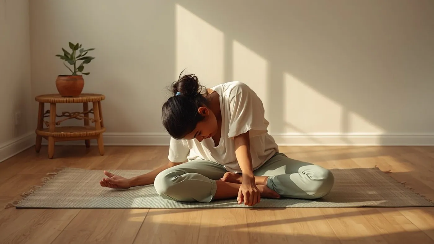 Sri Lankan woman stretching on a yoga mat at home in Colombo while on her period