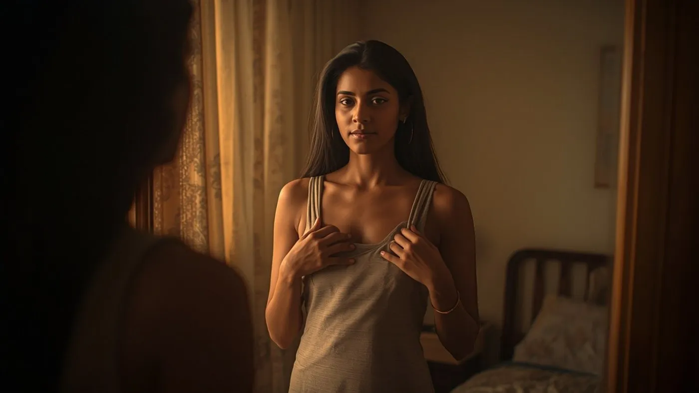 Young Sri Lankan woman getting ready in front of a bedroom mirror in Colombo before school