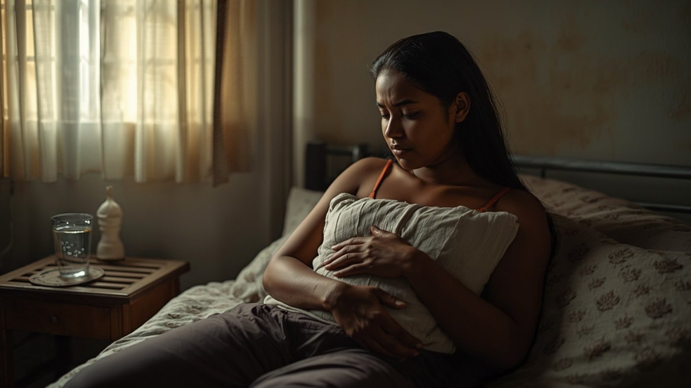 Sri Lankan woman sitting on her bed hugging a pillow on a heavy bleeding day at home