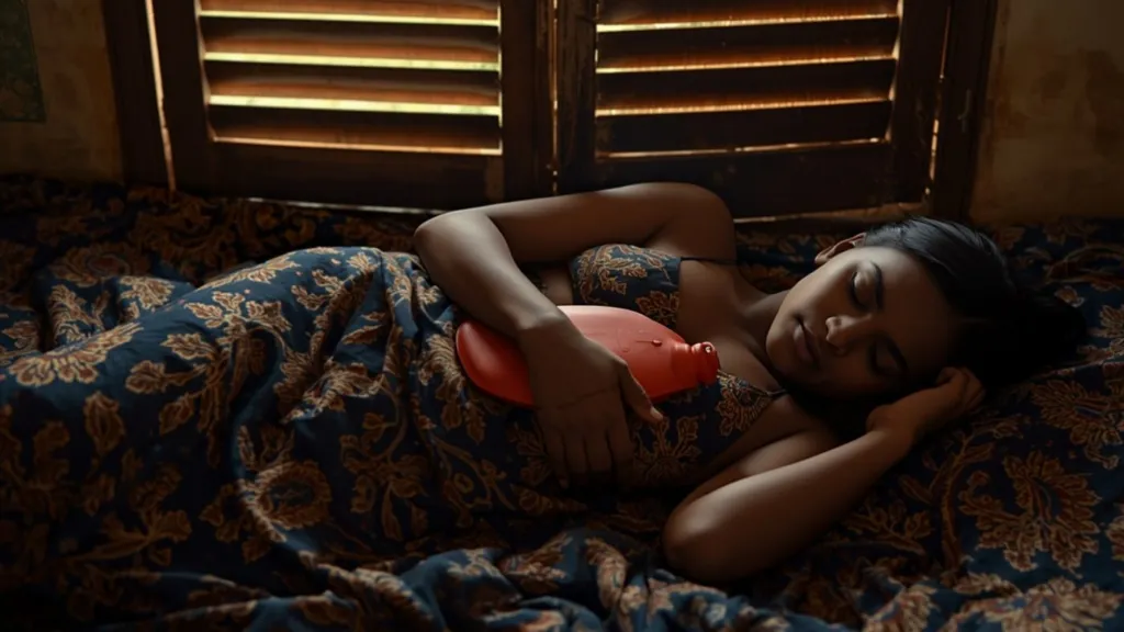 Sri Lankan woman resting with a hot water bottle on her tummy on a heavy flow day