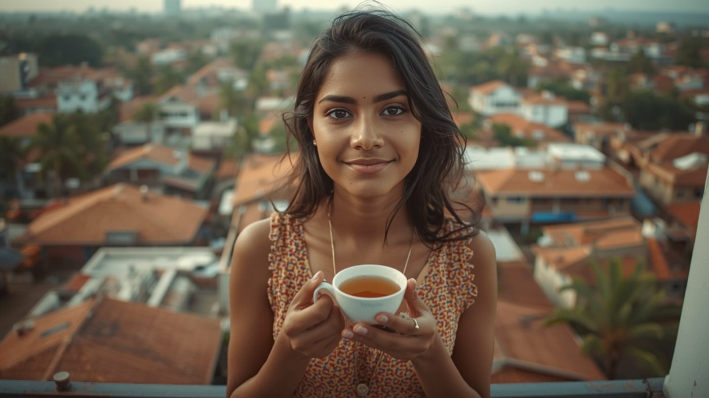 Rested Sri Lankan woman enjoying morning tea on a Colombo balcony