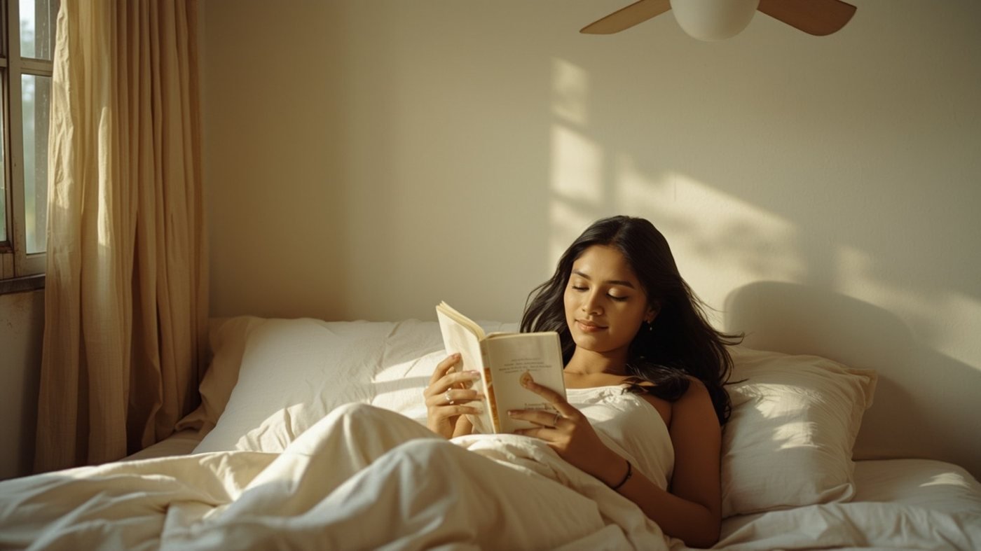 Sri Lankan woman resting in bed and reading on a slow day of her cycle