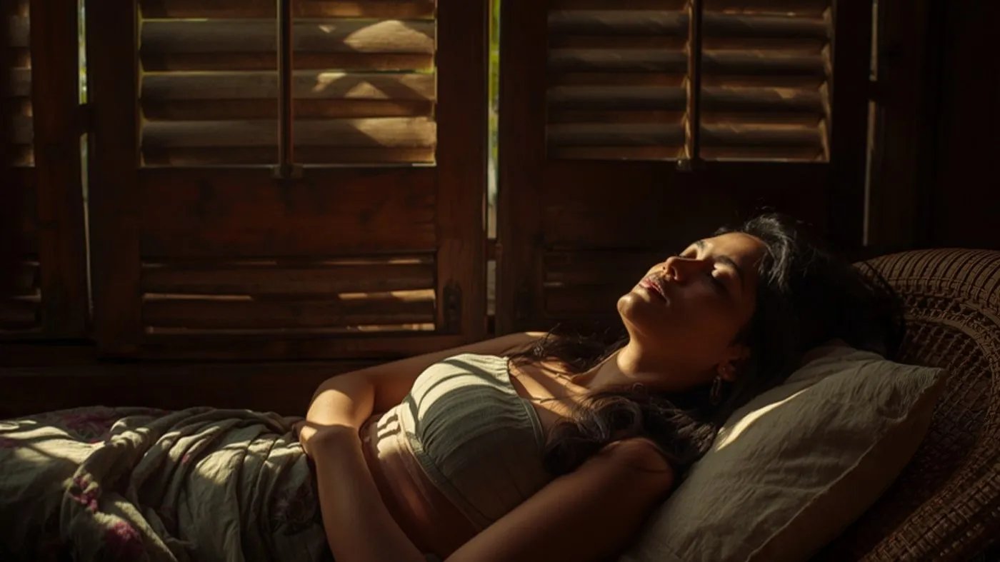 Sri Lankan woman resting on a daybed at home to ease period cramps
