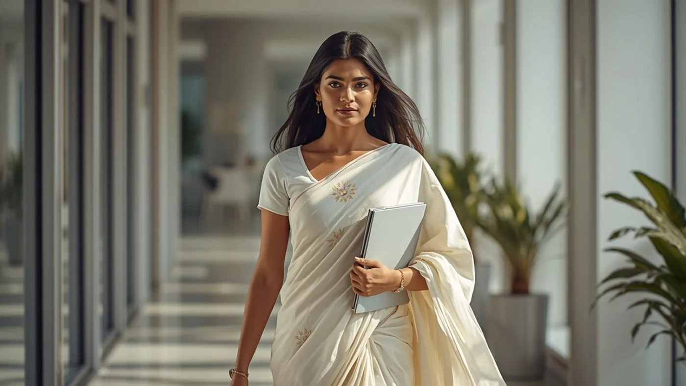 Confident Sri Lankan woman in an office saree walking through a Colombo office