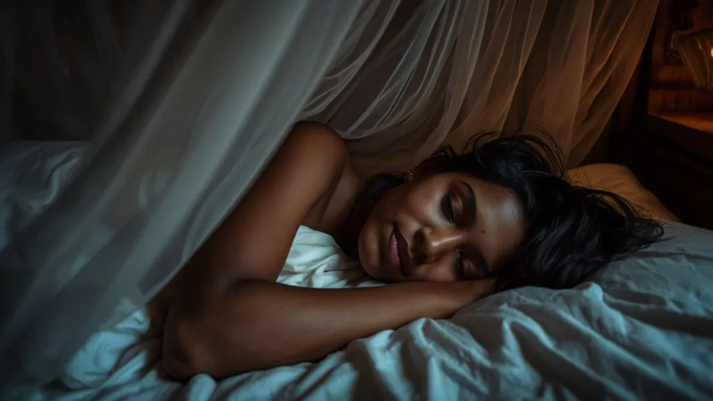 Sri Lankan woman sleeping peacefully under a mosquito net at night
