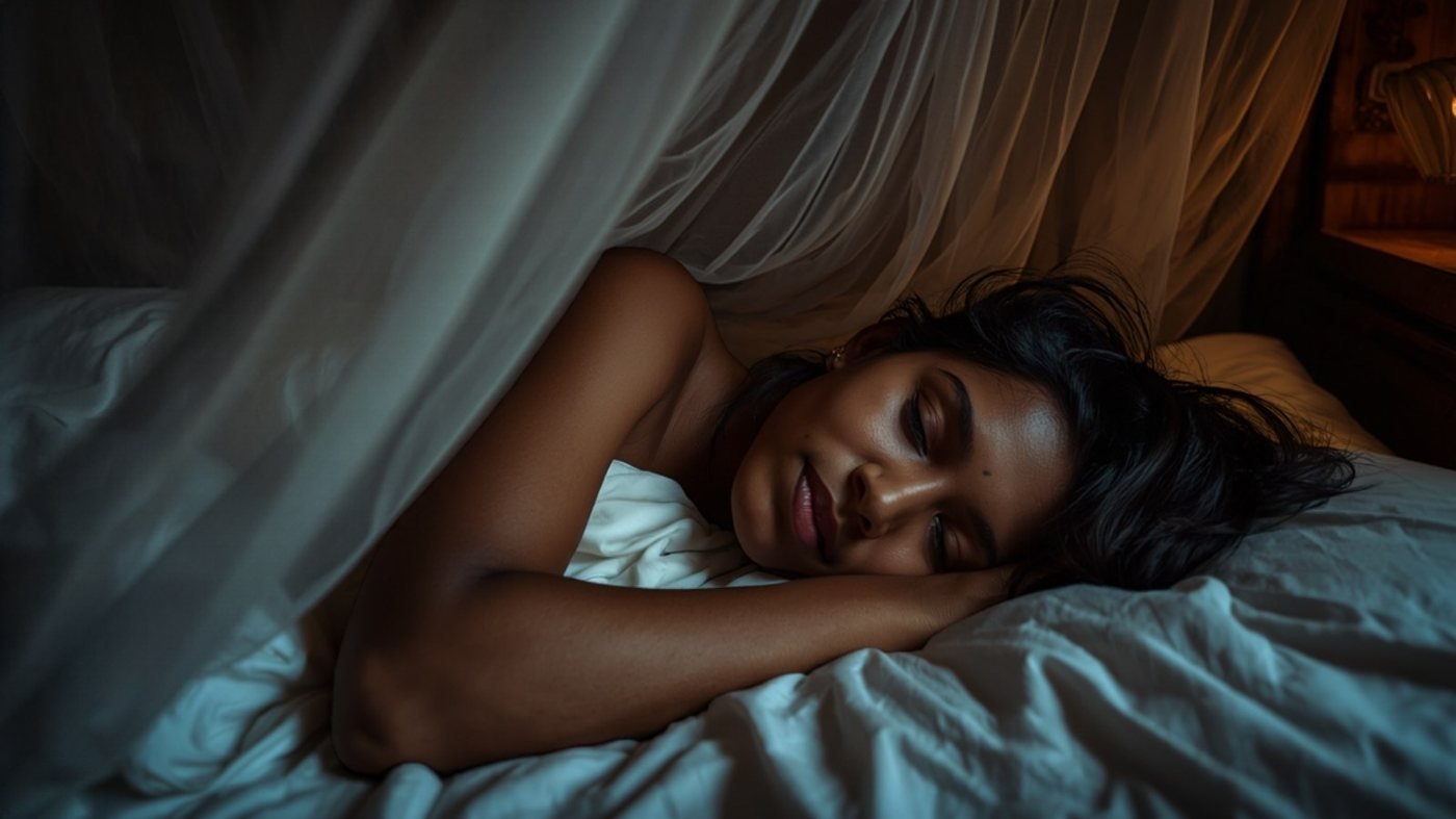 Sri Lankan woman sleeping peacefully under a mosquito net at night after birth recovery