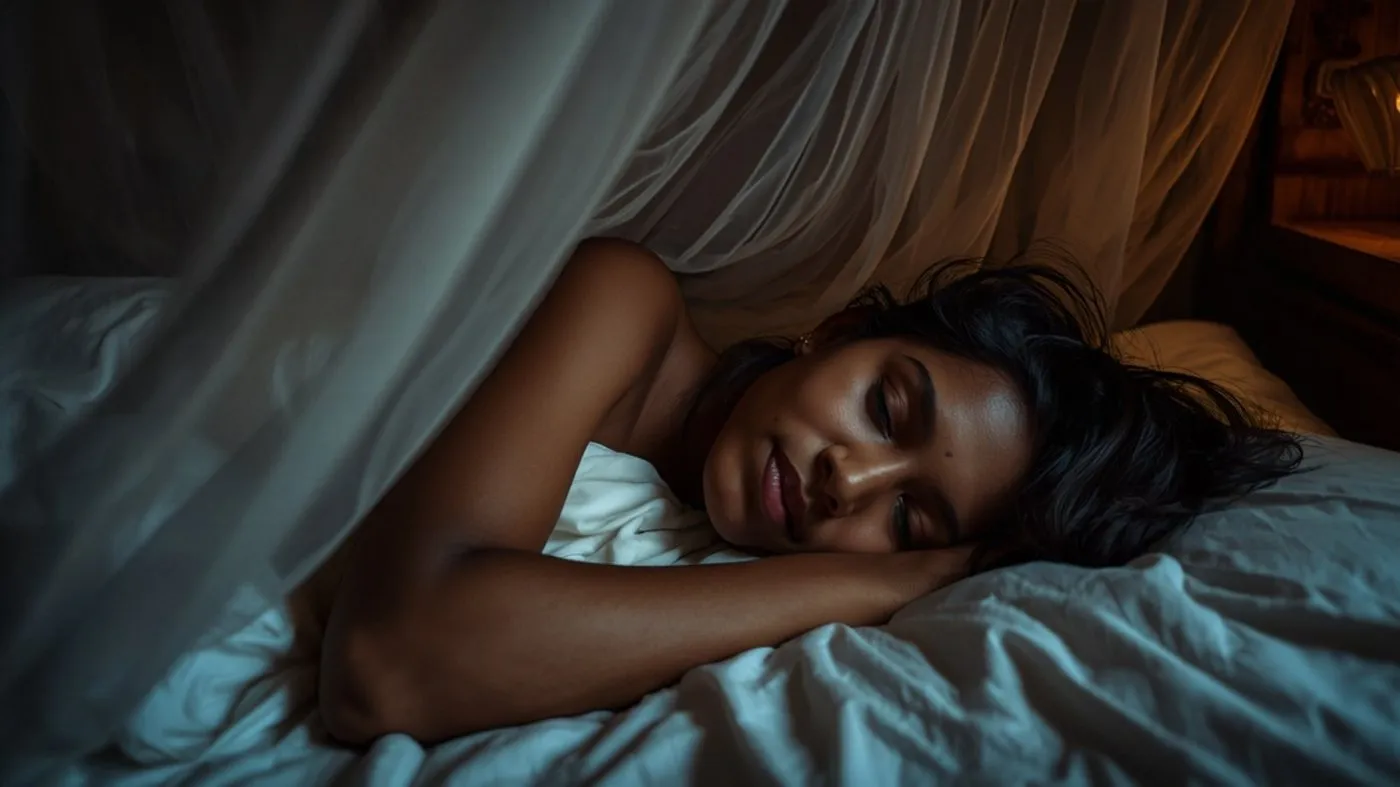 Sri Lankan woman sleeping peacefully under a mosquito net at night