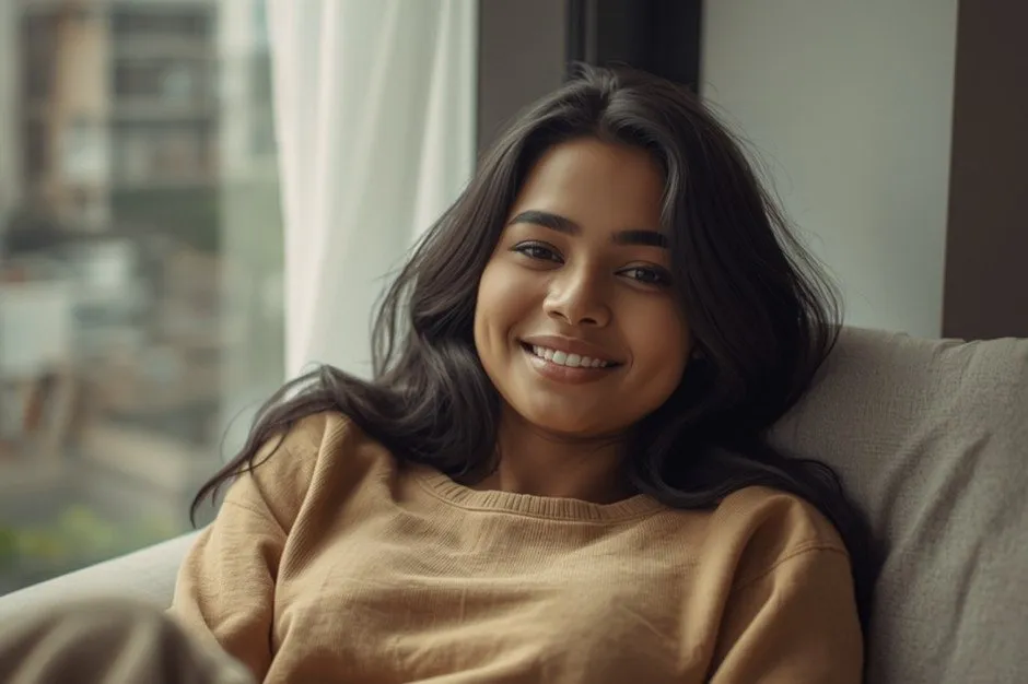 Smiling young Sri Lankan woman relaxing on a sofa in a Colombo apartment