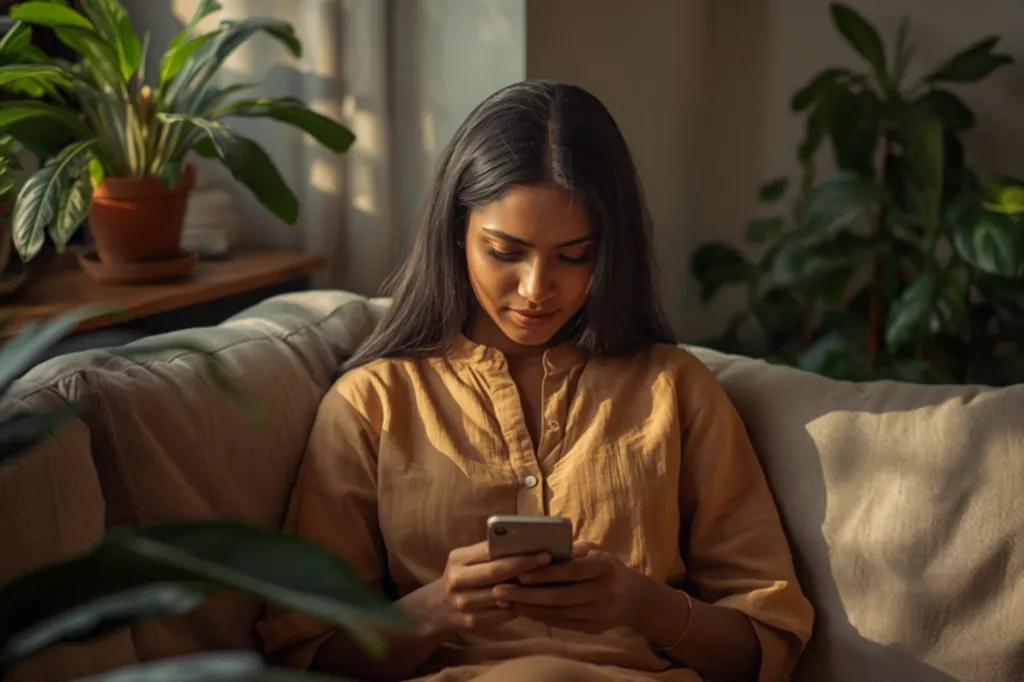 Young Sri Lankan woman relaxing on a sofa at home in Colombo, comparing period care options