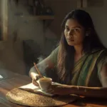 Sri Lankan woman with a cup of tea writing in a notebook during a calm self-care moment at home
