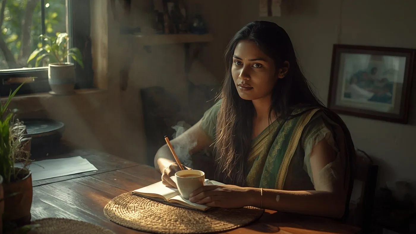 Sri Lankan woman with a cup of tea writing in a notebook during a calm self-care moment at home