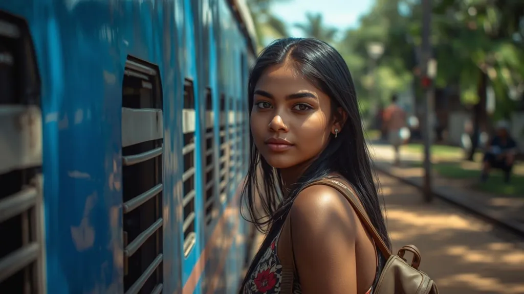 Young Sri Lankan woman with a backpack at a railway station, ready to travel