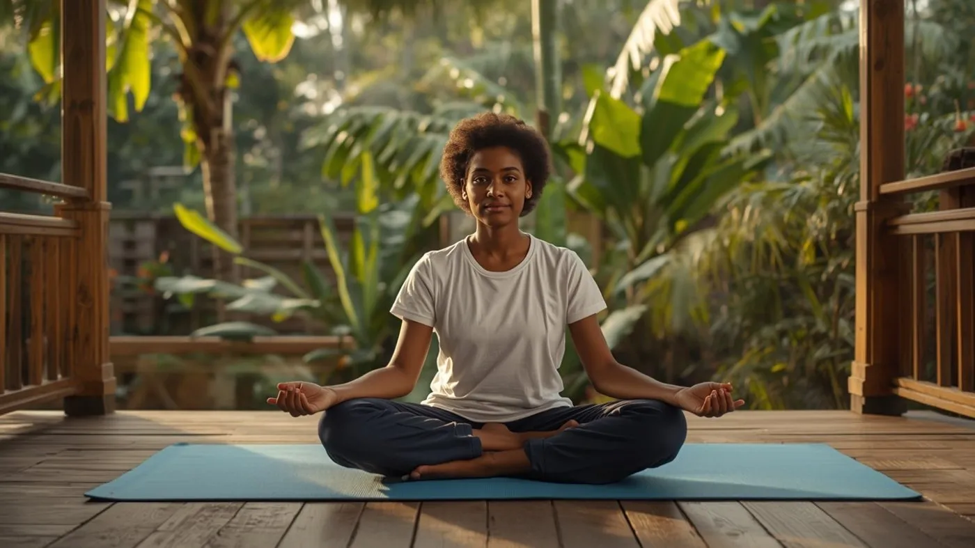Sri Lankan woman doing yoga on a verandah with a tropical garden behind, staying active on her period