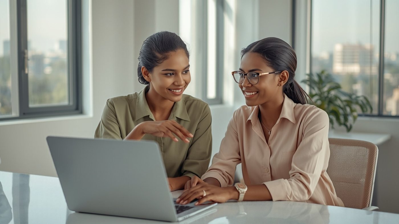 Two Sri Lankan women colleagues working together at an office desk in Colombo