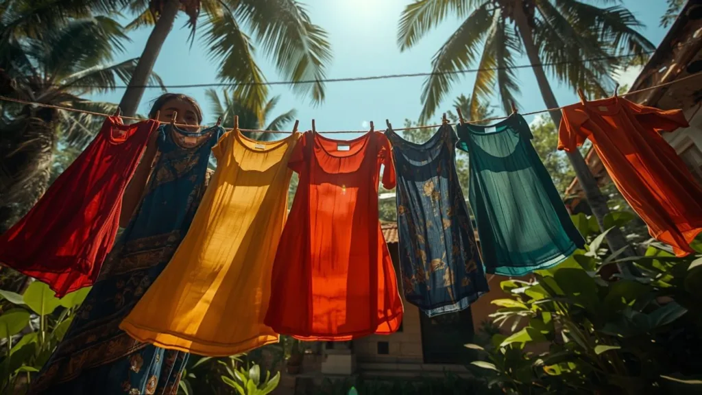 Freshly washed colourful clothes drying on a washing line in a sunny Sri Lankan garden