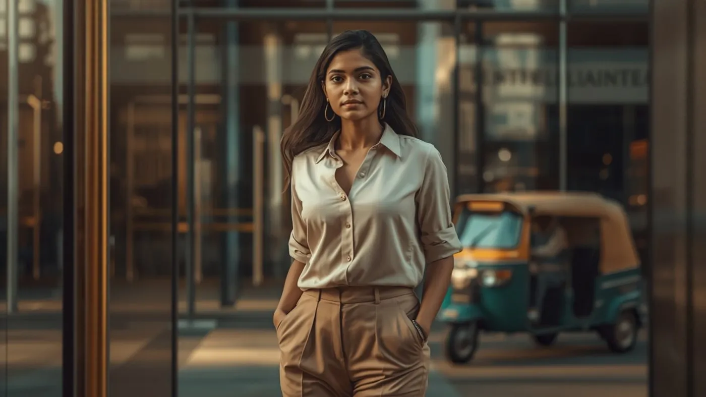 Sri Lankan woman walking confidently near a Colombo office on a period day