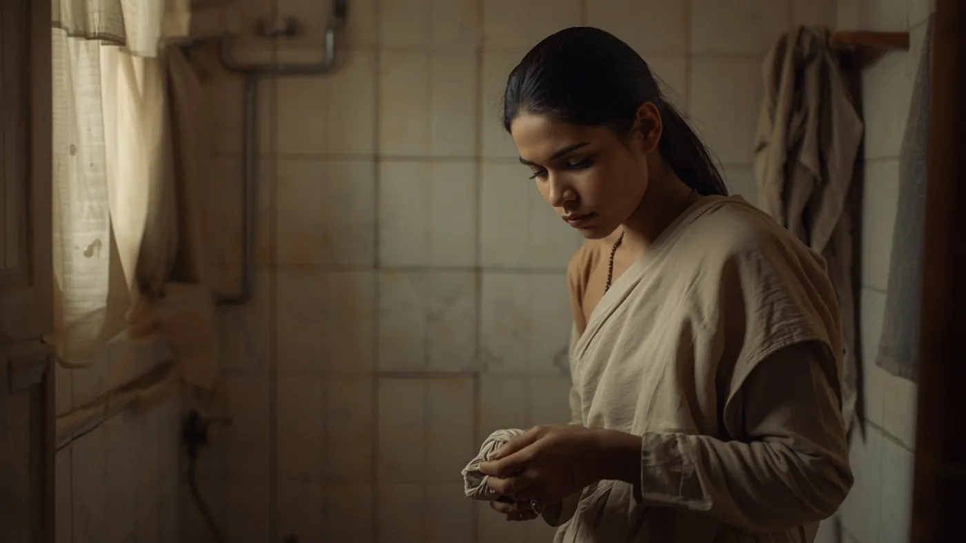 Sri Lankan woman in a Colombo home bathroom holding a folded cloth, ready to rinse and wash it in private