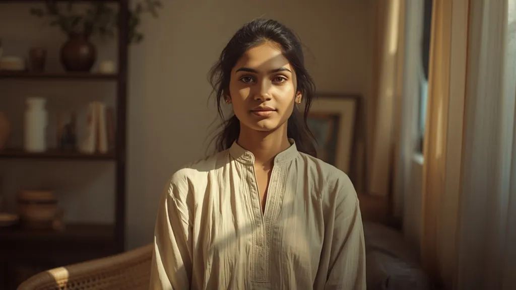 Sri Lankan woman in a Colombo home preparing for her day with calm period care